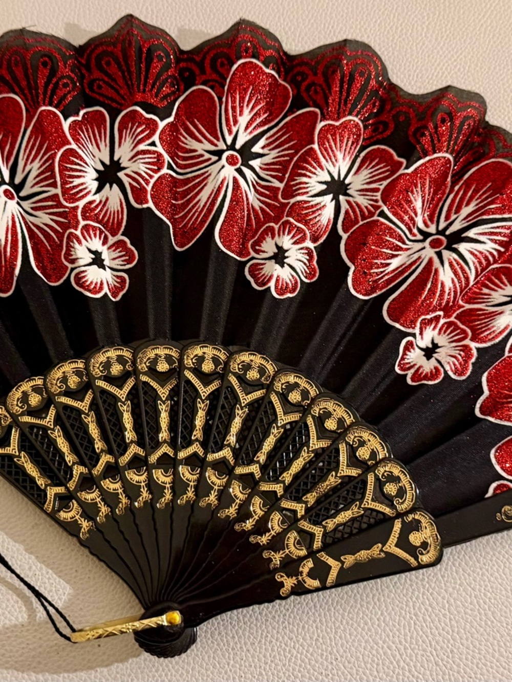 Black Red Floral Folding Hand Fan Glitter Lace Tassel Dance Festival Flamenco - Picture 16 of 16